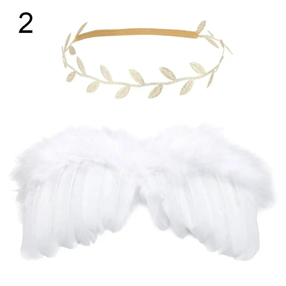2pcs/set Cute Newborn Angel Feather Wings with Baby Girl Rose Flower Headband Hair Accessories for Infant Photography Props