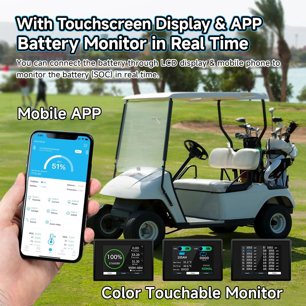 48V(51.2V) LiFePO4 Lithium Golf Cart Battery with 48V 20A Lithium Battery Charger Mobile APP Touch Monitor Perfect for Golf Cart