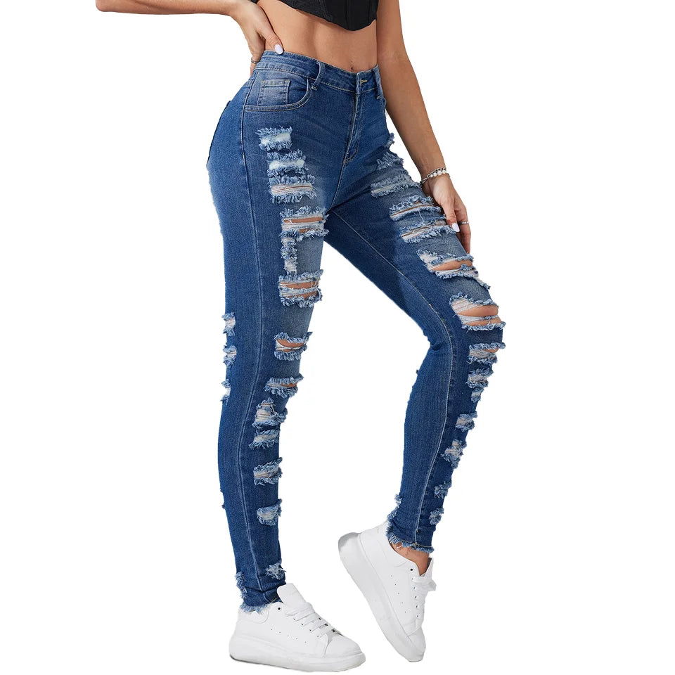Free Shipping to USA- Wholesale Fashion Women Denim Jeans Blue High Stretchy Ripped Legging Slim Fit Pencil Pants Casual Waist