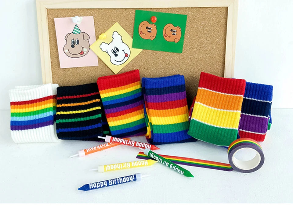 Kids Knee High Rainbow Socks Spring Summer Toddler Child Girls Boys Cotton White School Socks Stripe Long Sock Baby Accessories