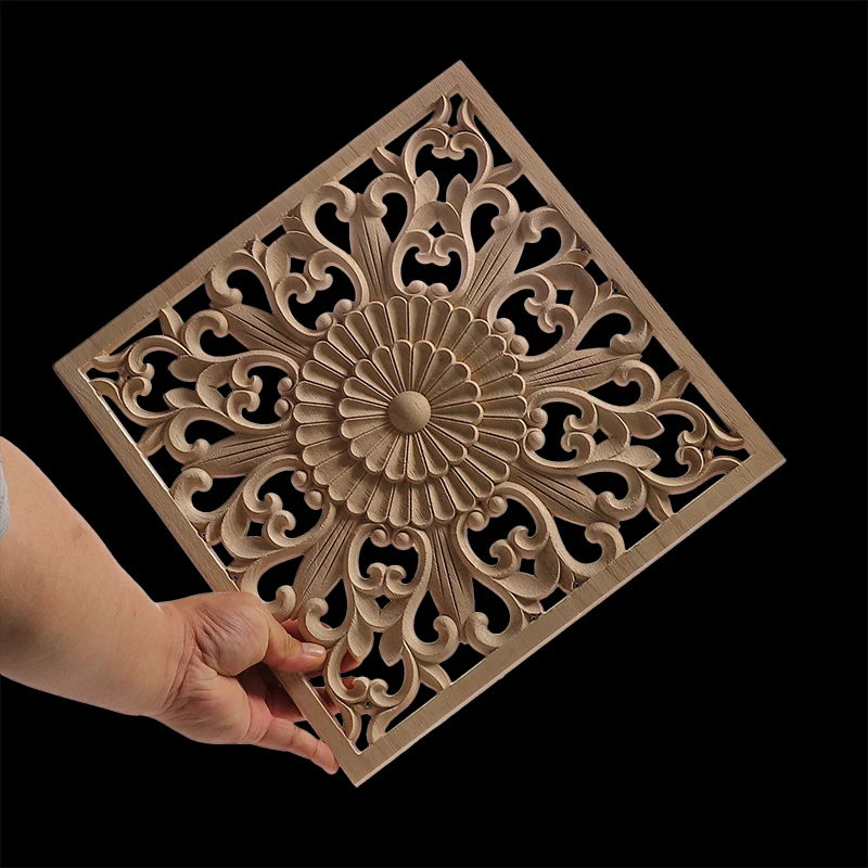 Decorative Wood Appliques Unique Exquisite Natural Floral Wooden Carved Onlay Decal Figurines Home Furniture Door Decor Square