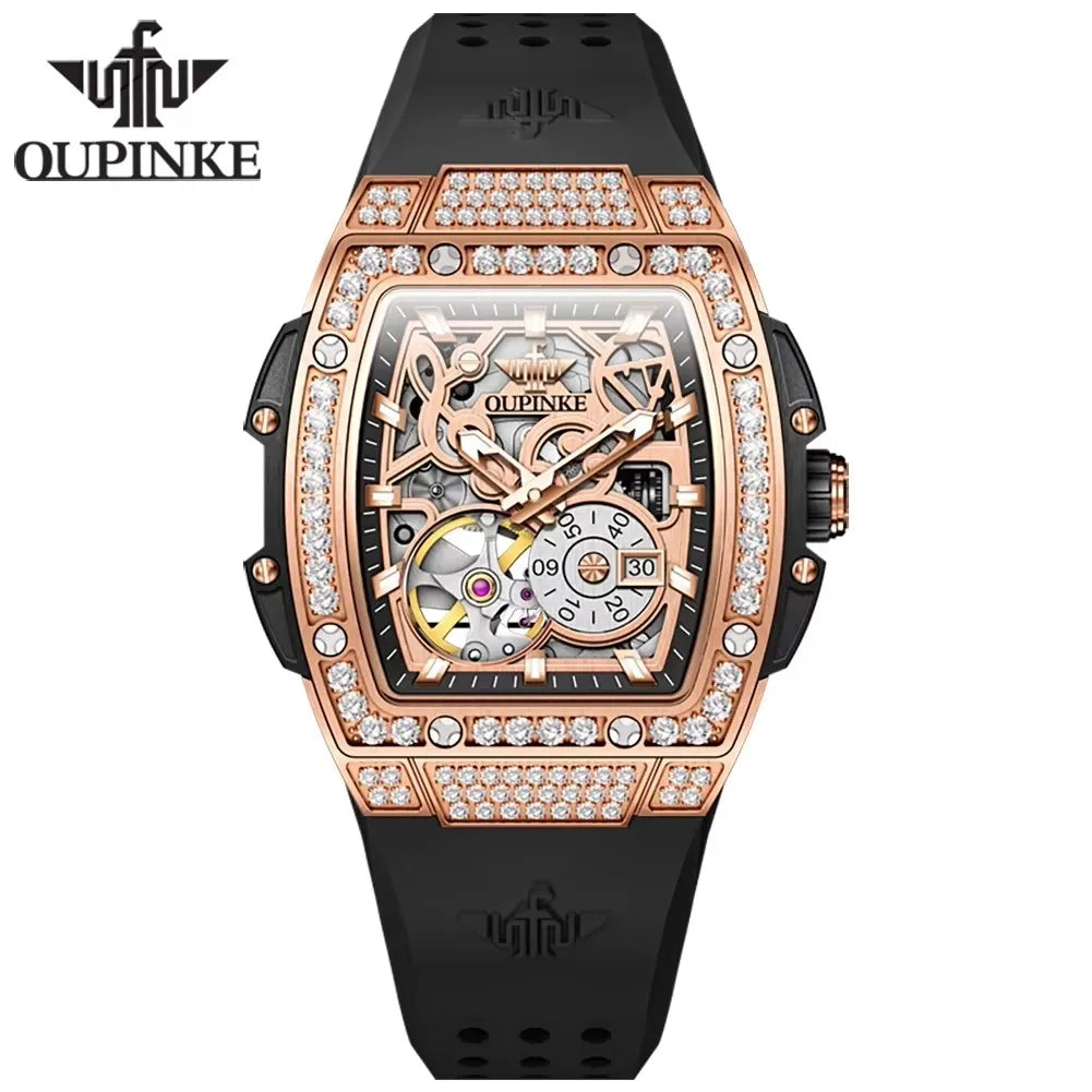 OUPINKE 3220 Hollow Skeleton Hollow Tourbillon Design Stainless Steel Sports Fashion Lady Automatic Mechanical Watch for Woman