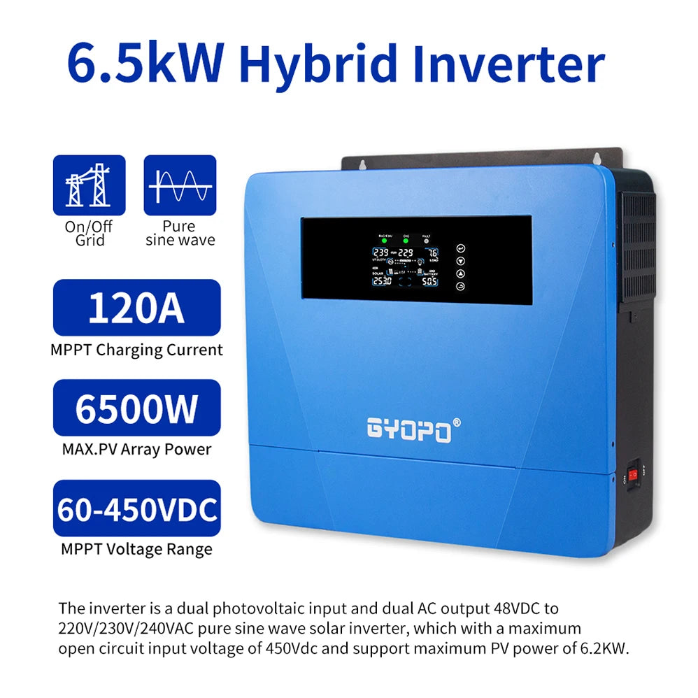 Single-Phase 6.5kw/6500 Watt Output Hybrid Solar Electric Inverter for Solar Systems