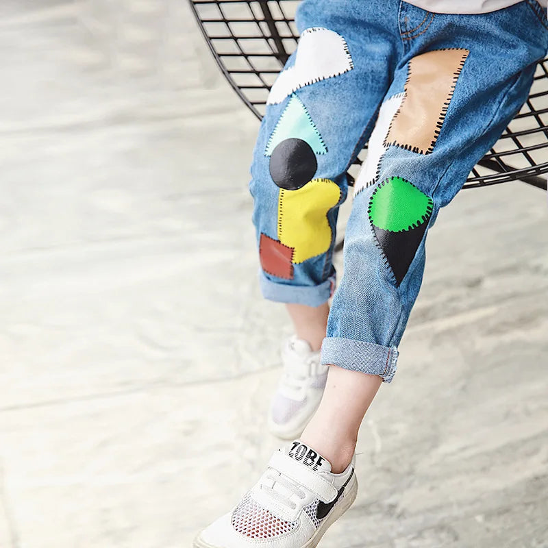 2026 Fashion Girl Jeans Cartoon Cat Jeans Print Blue Skinny Jeans Hole Pants Classic Chic Pants 3-11Y
