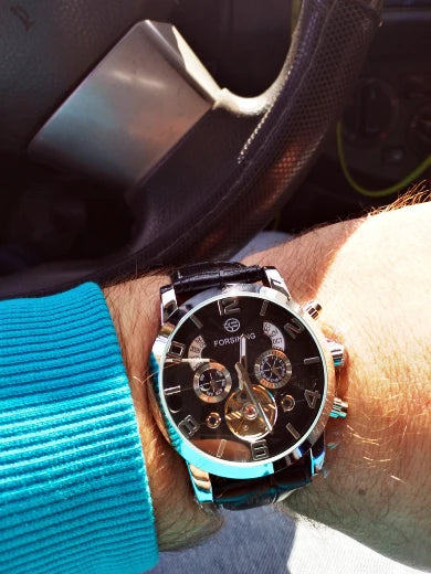Forsining Top Brand Luxury Tourbillion Mens Automatic Mechanical Watches Fashion Wave Black Golden Clock Multi Function Display