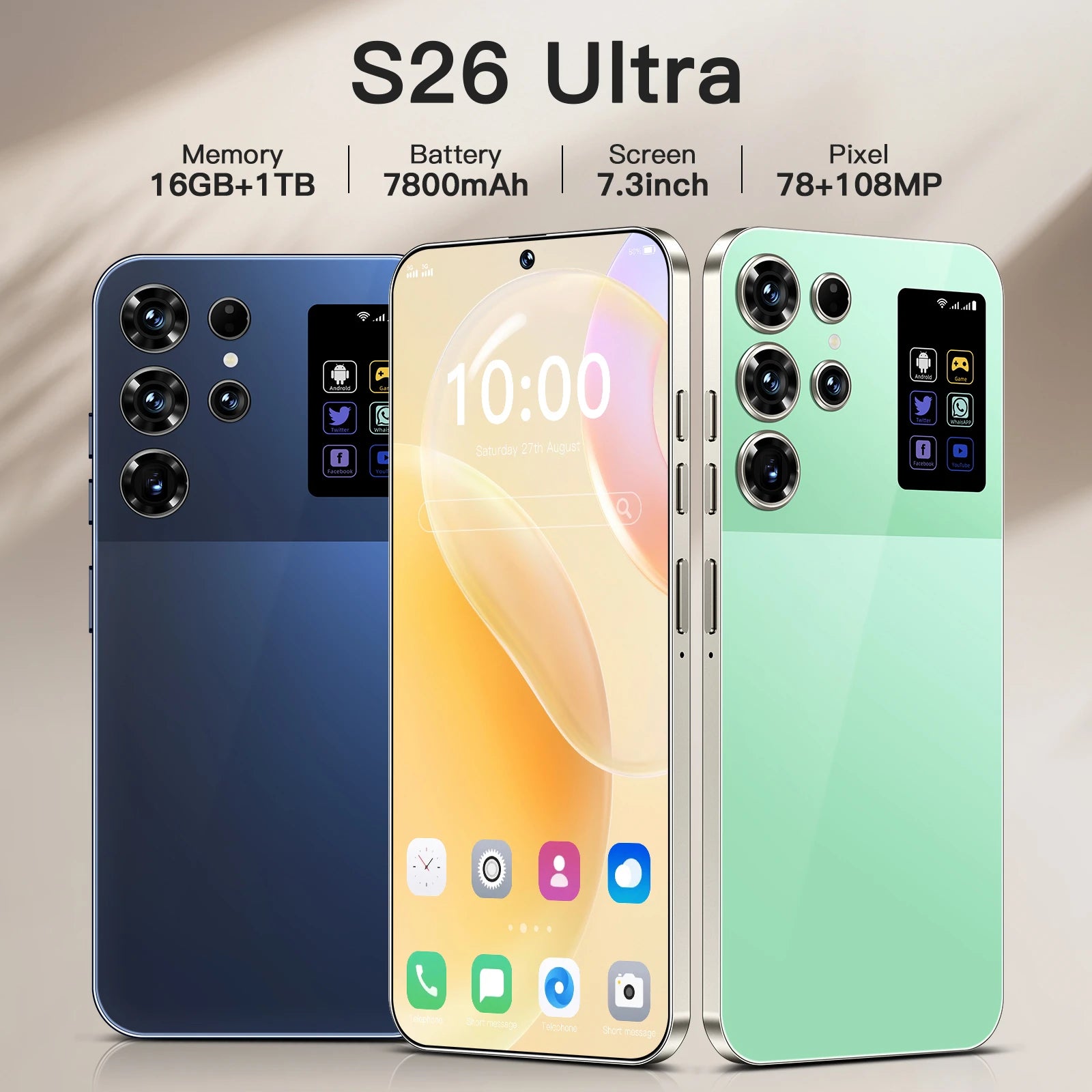 Original S26 Ultra 7.3 Inch Smartphone 16GB+1TB Unlocked Dual Card 5G Android 14 Decacore HD Dual SIM Mobile Phone for Gaming