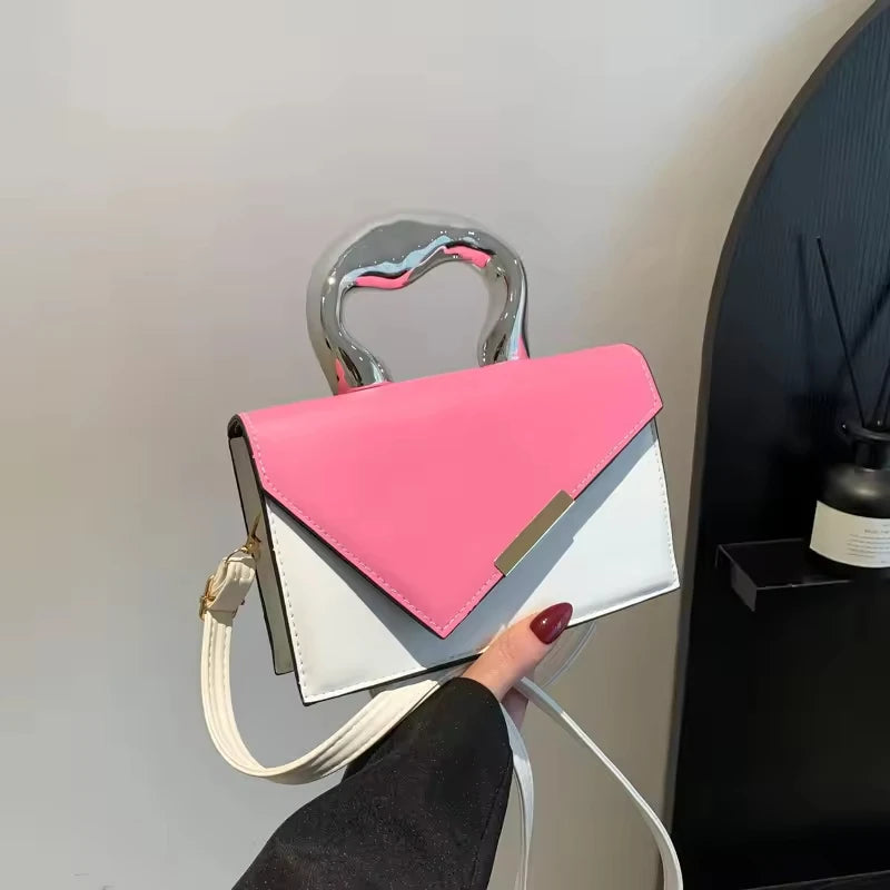 2025 Women's Casual Simple Metal Messenger Bag with Niche Handle Designer Contrasting Color Handbag
