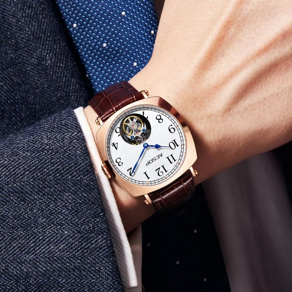AESOP Flying Tourbillon Watch for Man Skeleton Design Leather Straps Luxury Brand Mechanical Watches