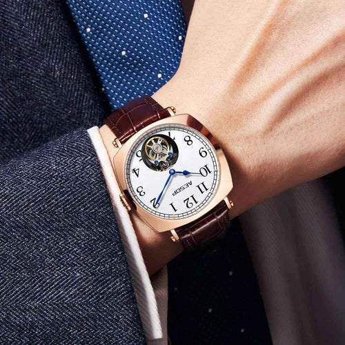 AESOP Flying Tourbillon Watch for Man Skeleton Design Leather Straps Luxury Brand Mechanical Watches
