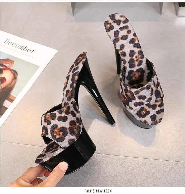 Voesnees Summer Slippers Women 2021 High Heels 15cm 17 CM Leopard Print Slip-On Platform Slides Sexy Catwalk Shoes Club Sandals
