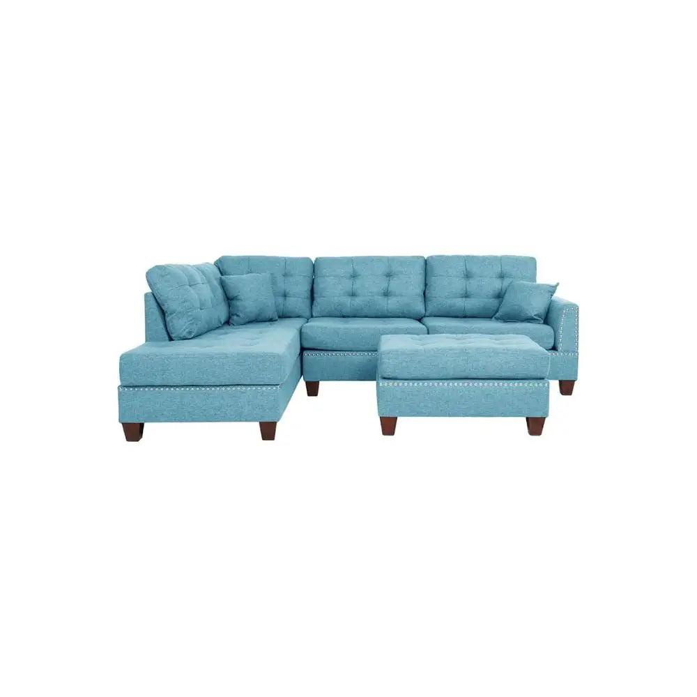 Modern Blue Color 3pcs Sectional Living Room Furniture Reversible Chaise Sofa and Ottoman Tufted