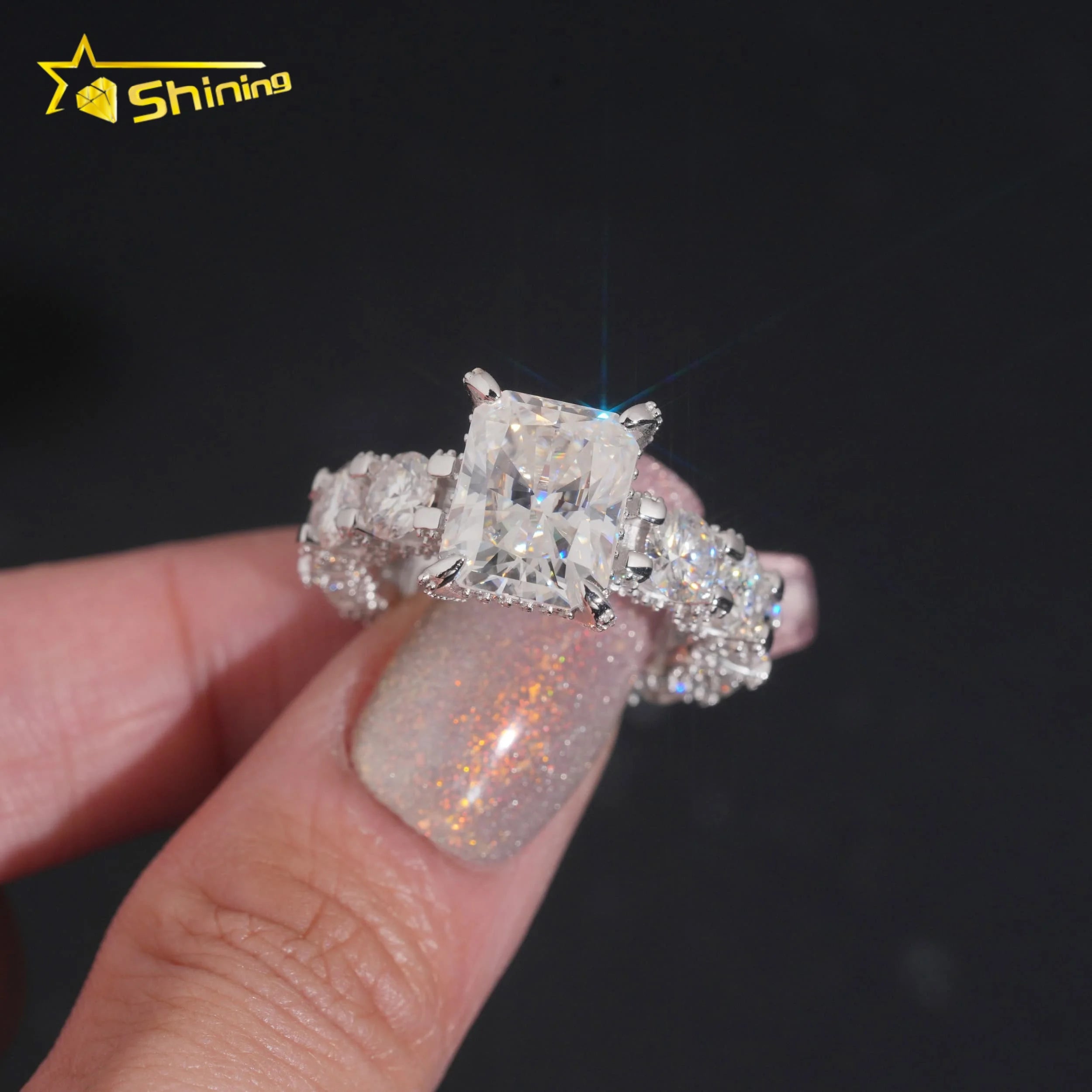 USA Warehouse Fast Shipping 925 Sterling Silver White Gold Plated Pass Diamond Test 5CT Radiant Cut Moissanite Engagement Ring