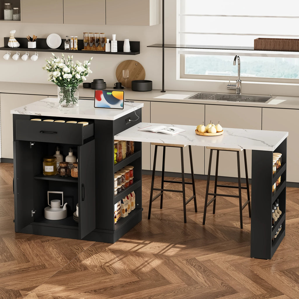 Extendable Island Console with Drawers, Double-door Cabinet, and Open Shelving. Serves As Dining Table