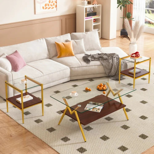 Living Room Set of 3 Piece New Shape Tempered Glass Coffee Table Side Table Set for Living Room Center Area