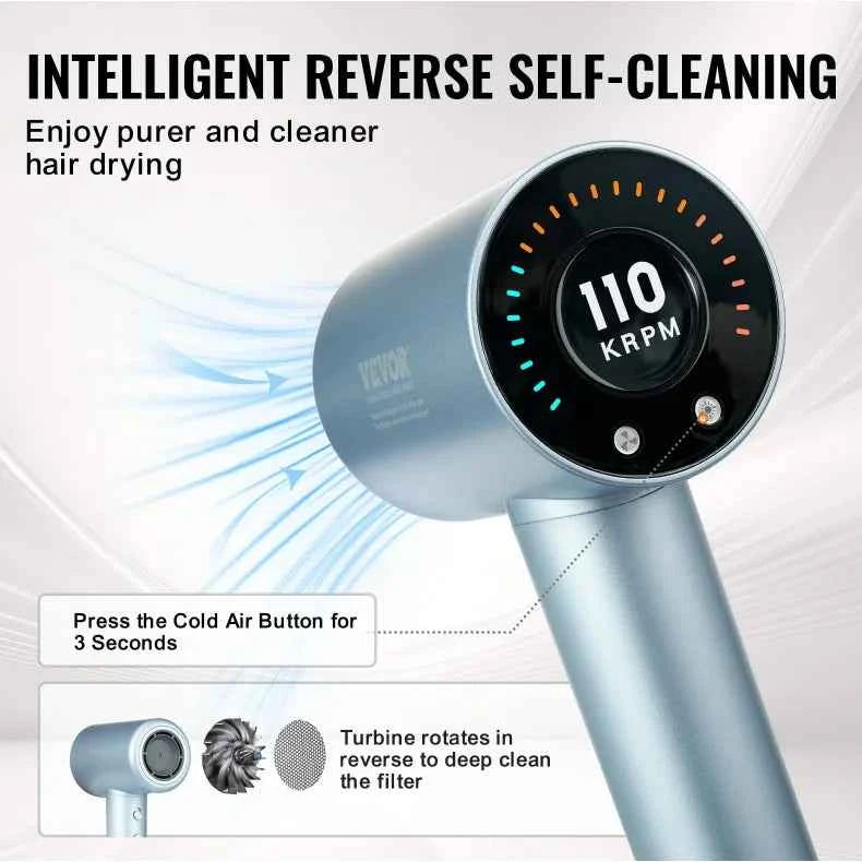 High-Speed 105,000RPM Brushless Motor Hair Dryer 200 Million Negative Ions 4 Temps 3 Speeds LCD Display Thermo-Control Diffuser