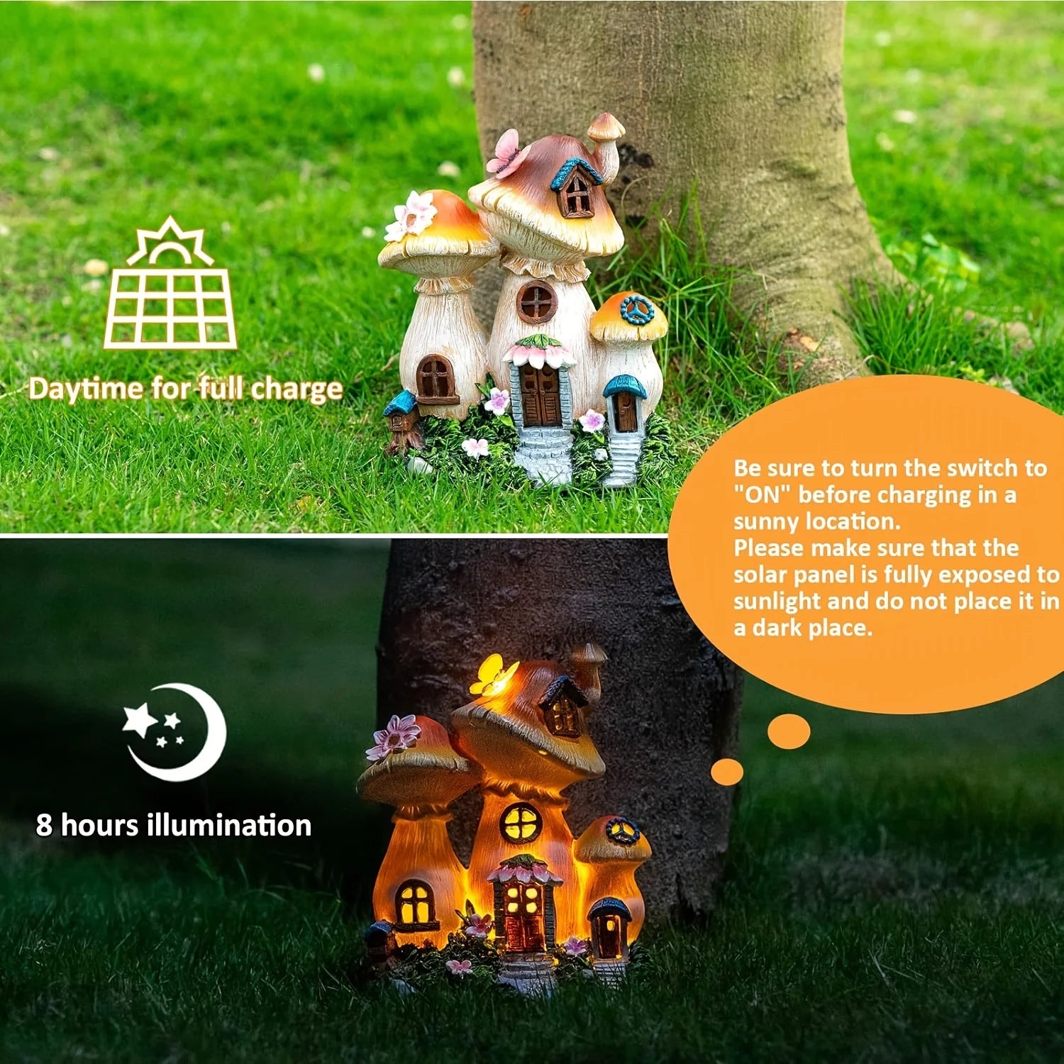 Outdoor Garden Statues Solar Light, Mushroom House Garden Statue Outdoor, Resin Garden Statue Lights Mushroom House Figurine