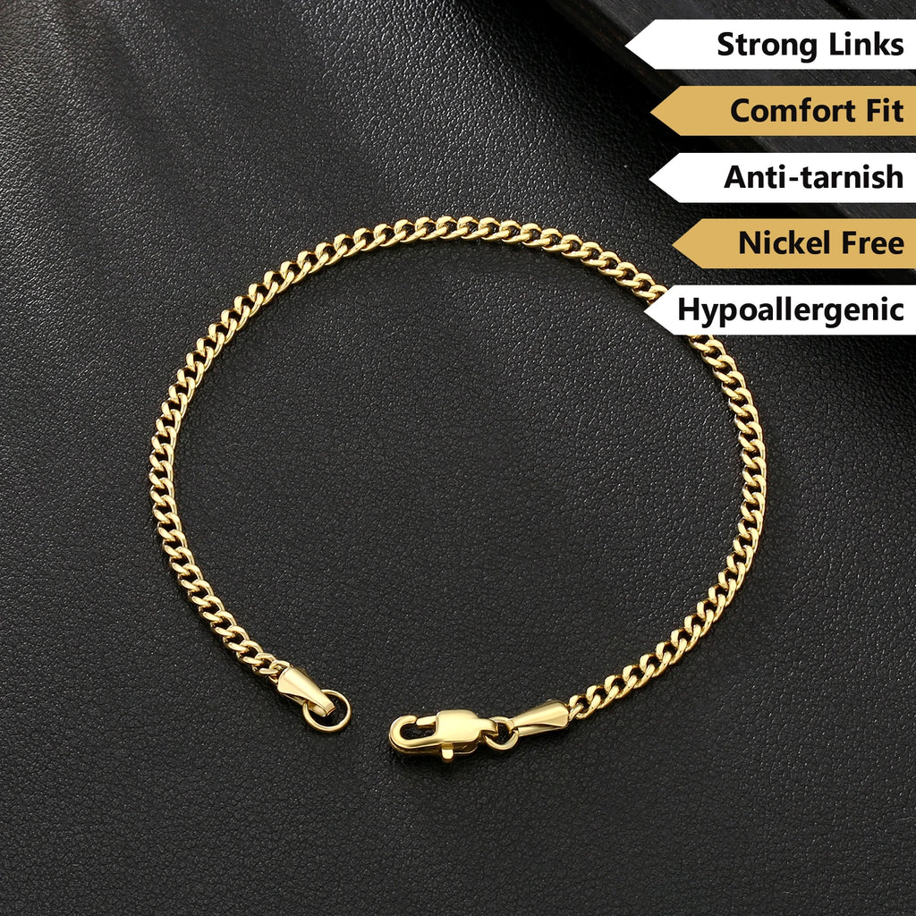 USA Free Shipping 14K Gold Plated Stainless Steel Bracelet 3mm Women Waterproof Jewelry Miami Cuban Link Chain Men Bracelet