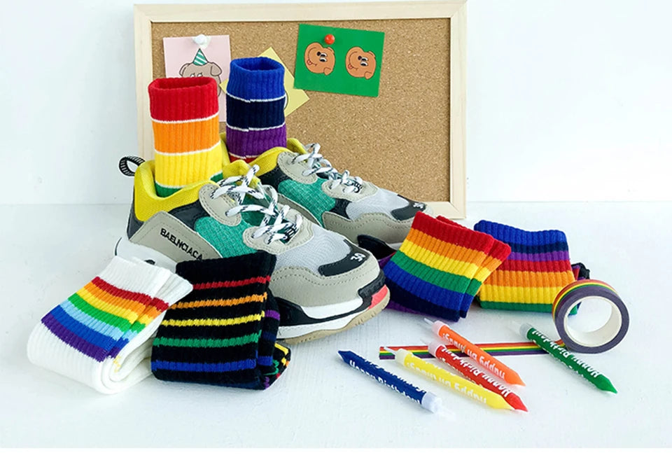 Kids Knee High Rainbow Socks Spring Summer Toddler Child Girls Boys Cotton White School Socks Stripe Long Sock Baby Accessories