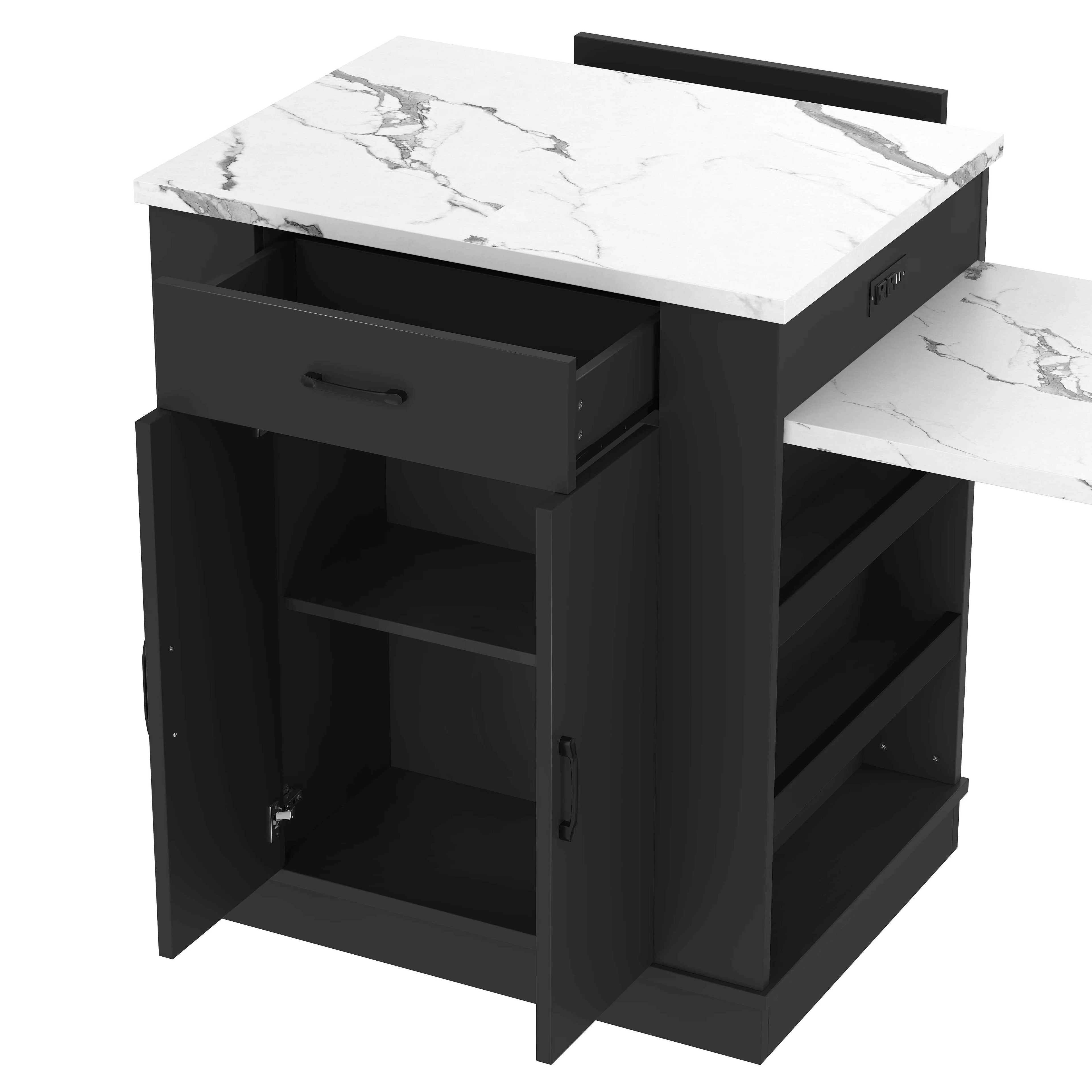 Extendable Island Console with Drawers, Double-door Cabinet, and Open Shelving. Serves As Dining Table