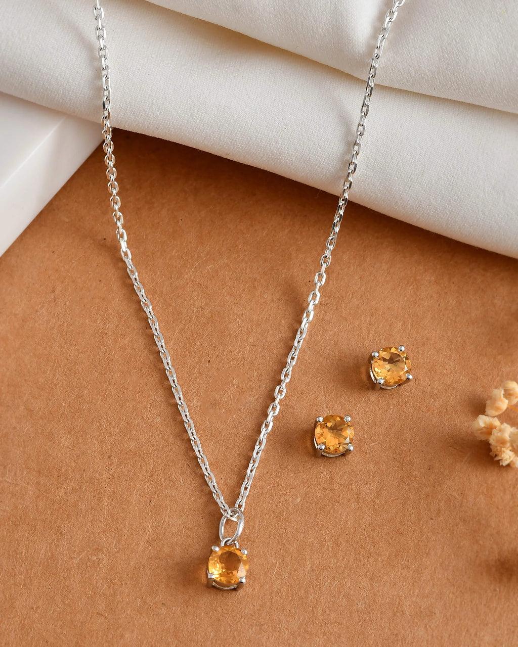 High Quality Gold Plated Sterling Silver Yellow Citrine Round-Cut Claw Setting Necklace Earring Set Trendy Anniversary Wedding