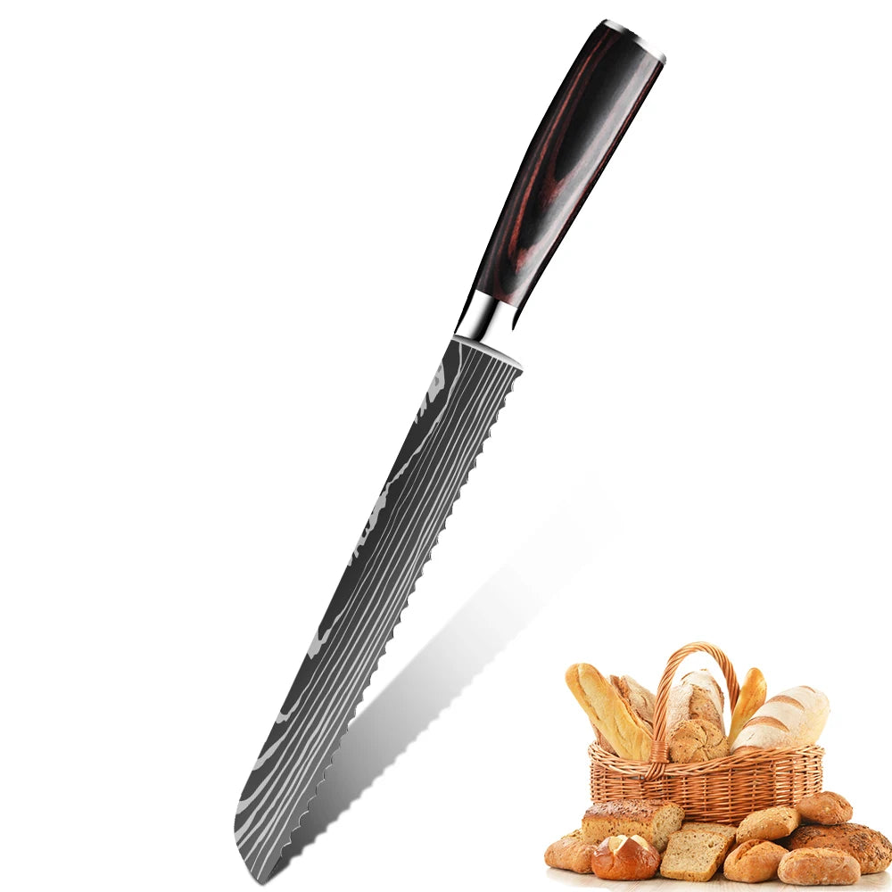 Kitchen Bread Knife Serrated Design Laser Damascus Stainless Steel Blade 8 Inch Chef Knives Bread Cheese Cake Tool