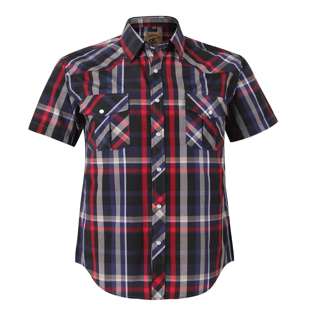 Men's Western Pearl Snap Button up Casual Cowboy Short Sleeve Two Pockets Work Plaid Shirts