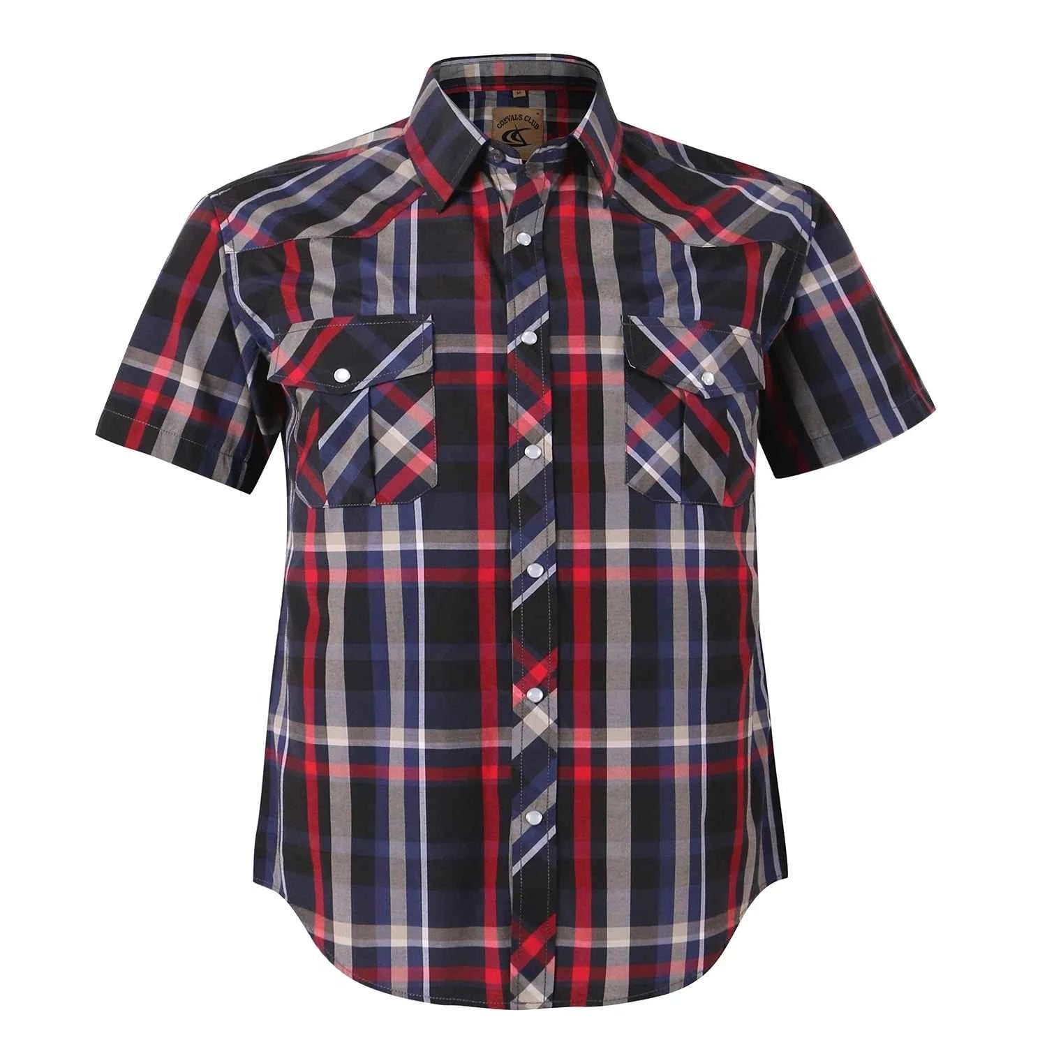Men's Western Pearl Snap Button up Casual Cowboy Short Sleeve Two Pockets Work Plaid Shirts