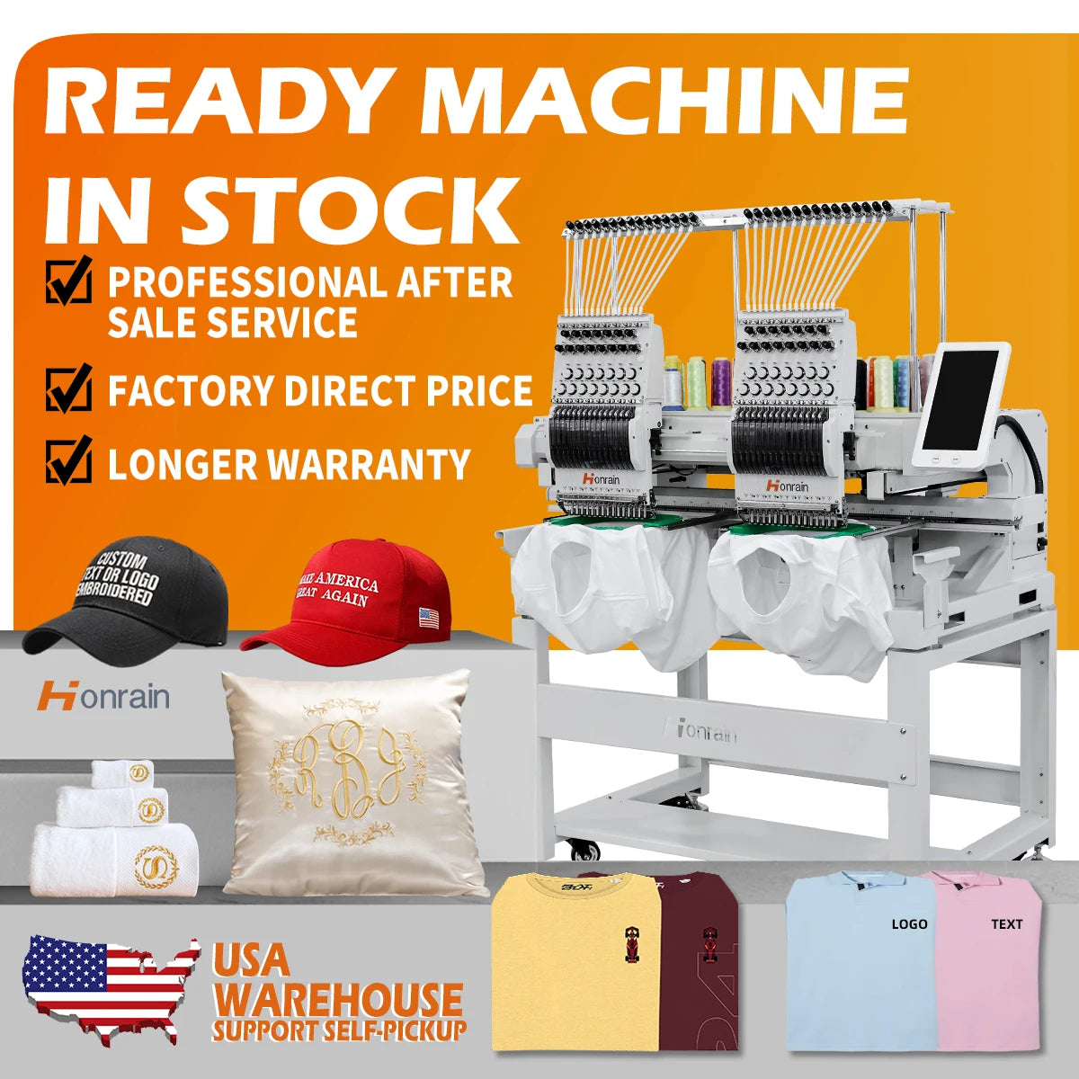 HONRAIN 2 HEAD Embroidery Machine Chinese Factory High Quality  9/12/15 Needles T-shirt Cap 2 Heads Computer Embroidery Machine