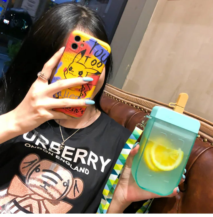 Summer Outdoor Water Bottle with Straw Portable Rope Travel Water Bottles Student Girls Water Cup Juice Drinking Bottle BPA Free