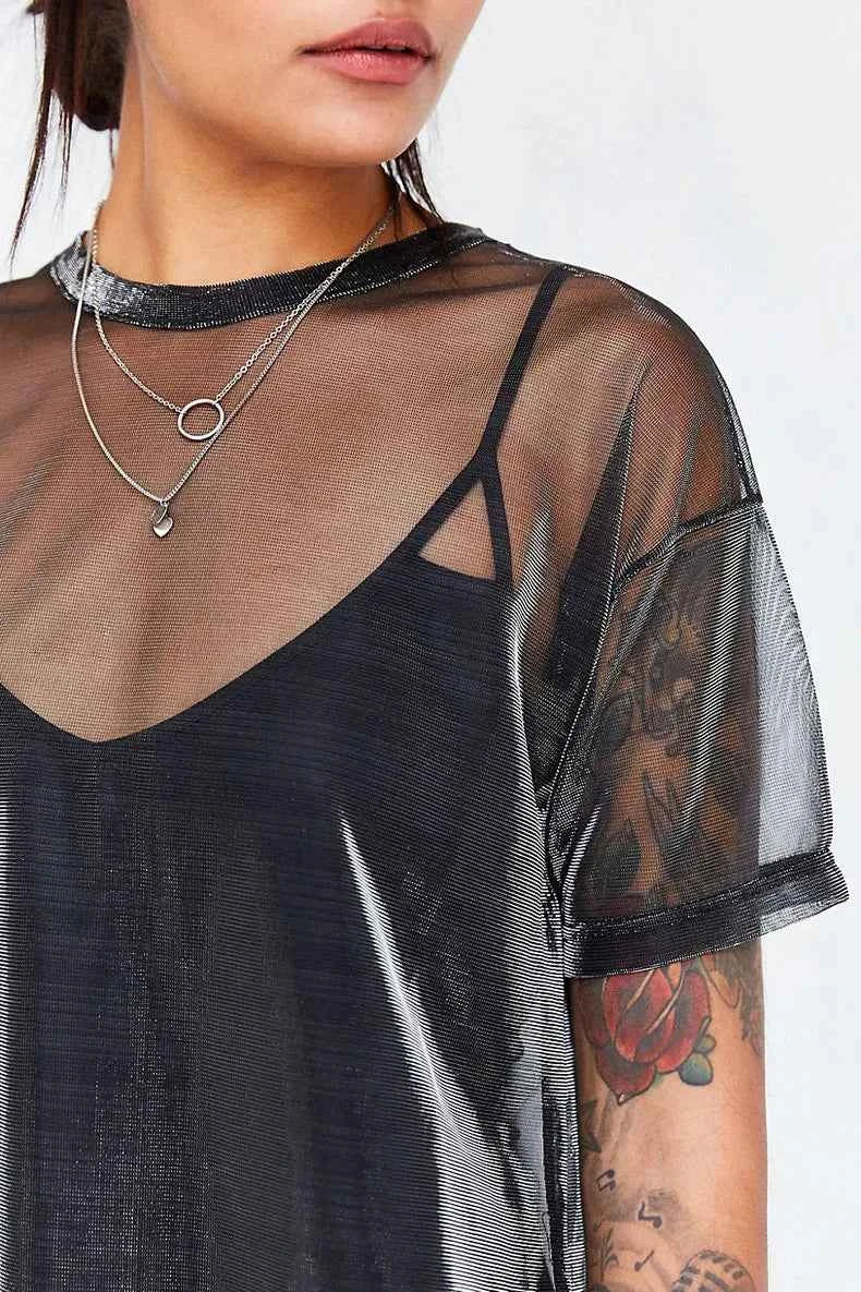 Summer Sexy Mesh Tee See-Through Women T-shirts Short Sleeve Perspective Shine Casual Women Tops Lady Vintage Blusa