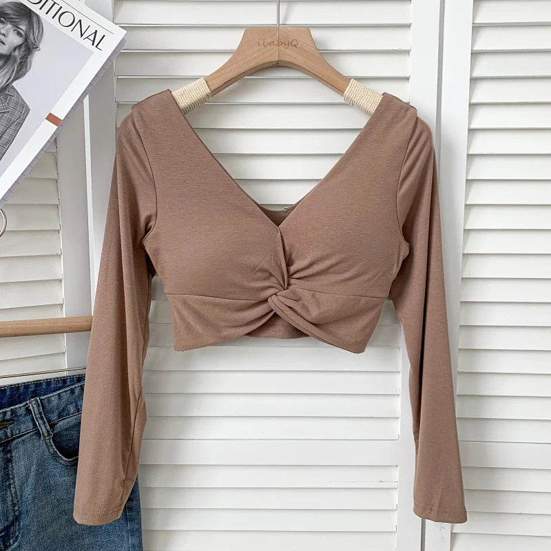 t shirt woman crop tops long sleeve kawaii T shirts built in bra women sexy top harajuku korean fashion
