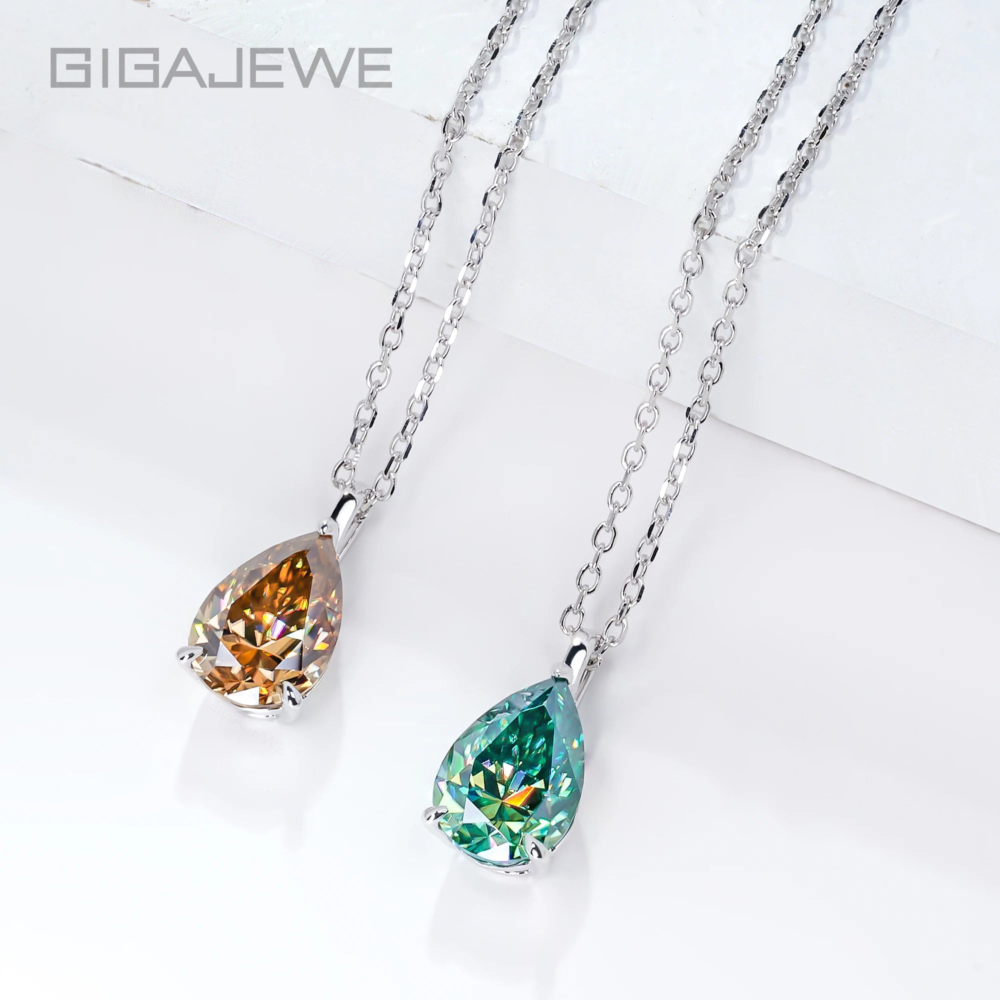 GIGAJEWE 4ct Pear Cut Cyan Blue Brown Moissanite Pendant Necklace 925 Sterling Silver Dainty Pear Solitaire Necklace Jewelry