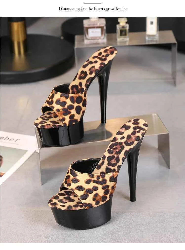 Voesnees Summer Slippers Women 2021 High Heels 15cm 17 CM Leopard Print Slip-On Platform Slides Sexy Catwalk Shoes Club Sandals