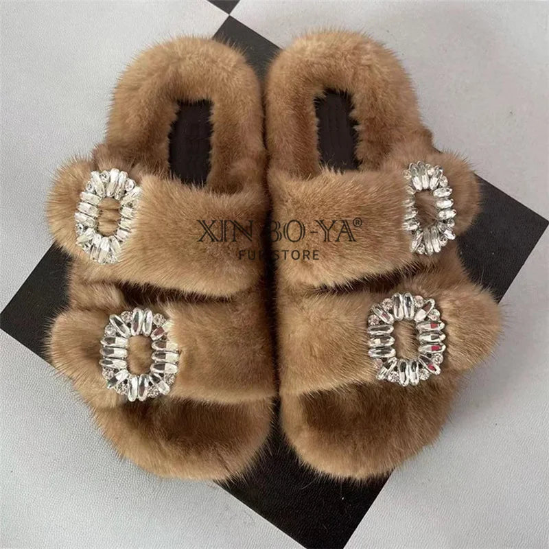Wholesale Fur Slipper  Women Slides 2024 Women's Shoes Real Mink Fur Slipper  Flats Fashion Fur Slippers