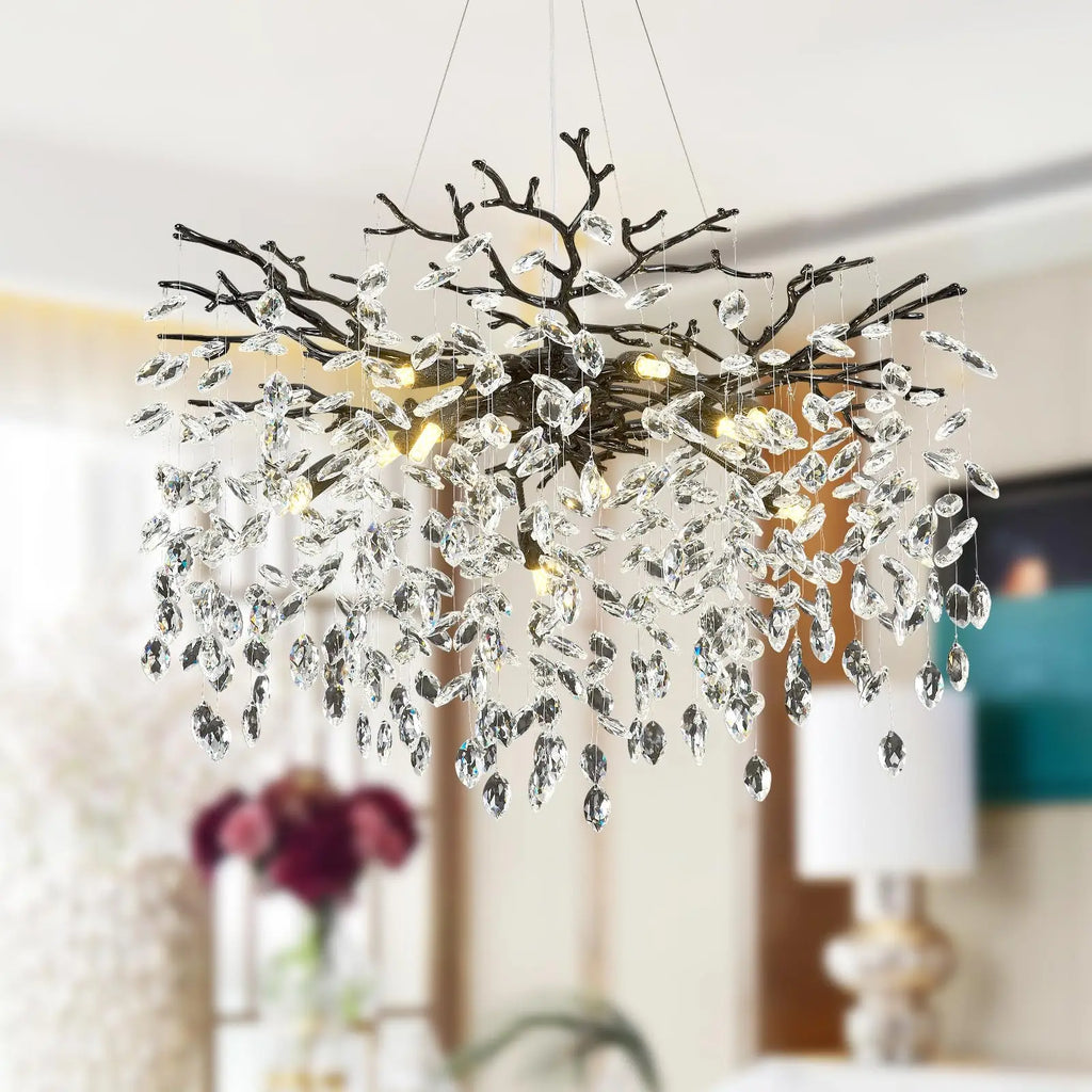 Gold Tree Branches Chandelier, Modern Round K9 Crystal Lighting Fixture Chandelier for Living Room, Foyer,Kitchen Island