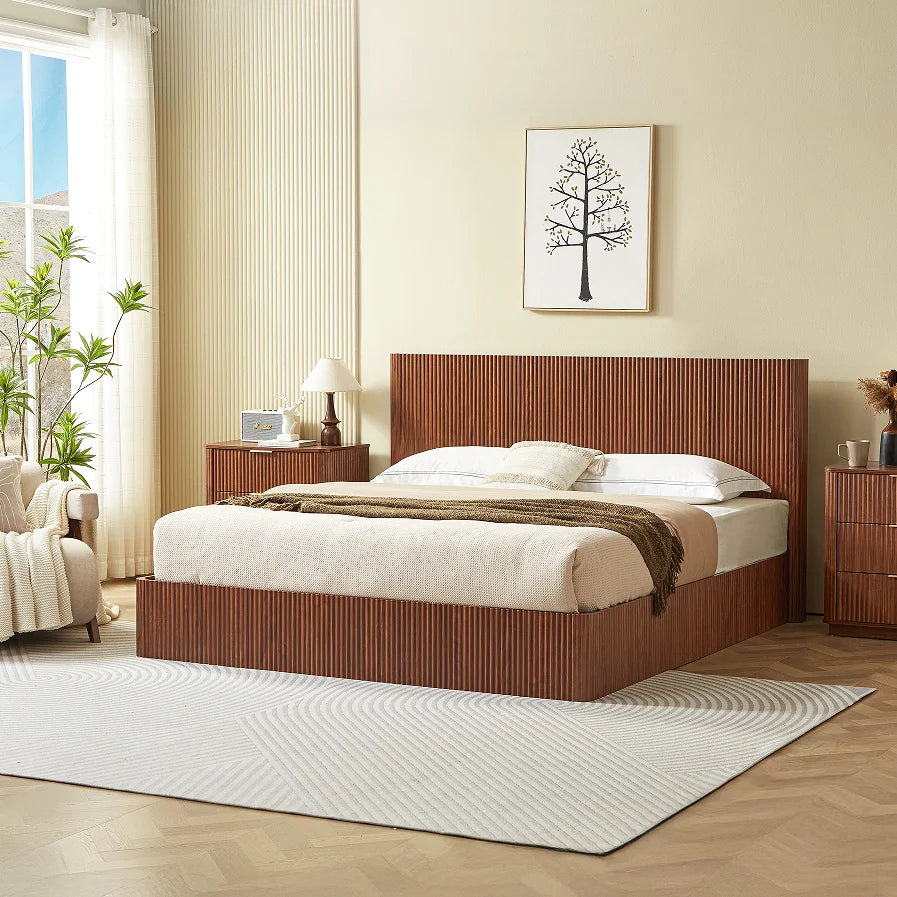 Teak Wood Platform Bed Frame  & King Size with Headboard Modern Soft Bed Eco-Friendly Convertible Natural Color