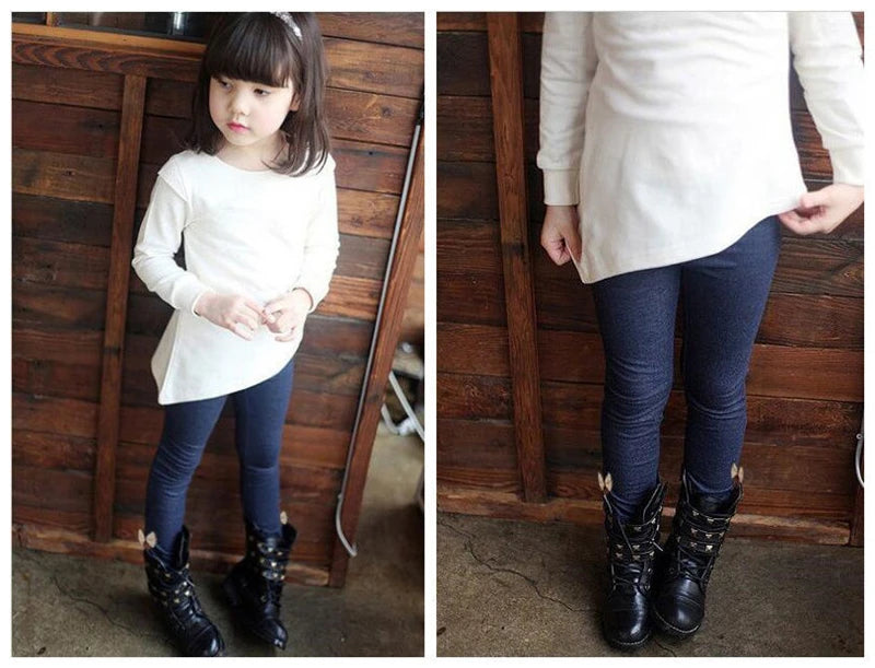 New Autumn Winter Girls Jean Pants Warm Children Leggings Thicken Velvet Bowknot Kids Trousers Baby Girl Pants Icing Leggings