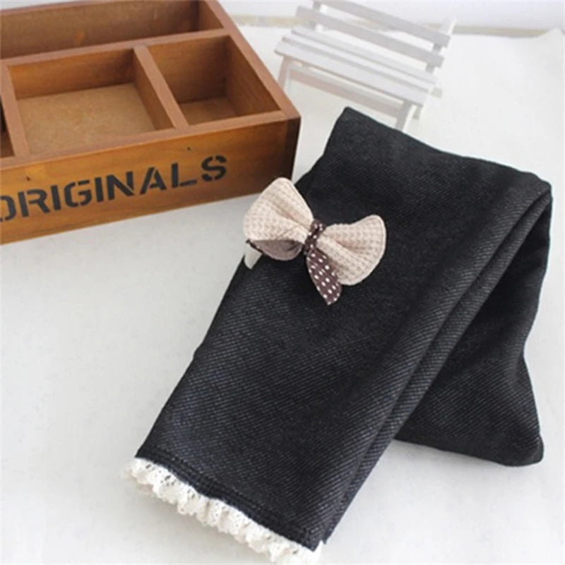 New Autumn Winter Girls Jean Pants Warm Children Leggings Thicken Velvet Bowknot Kids Trousers Baby Girl Pants Icing Leggings