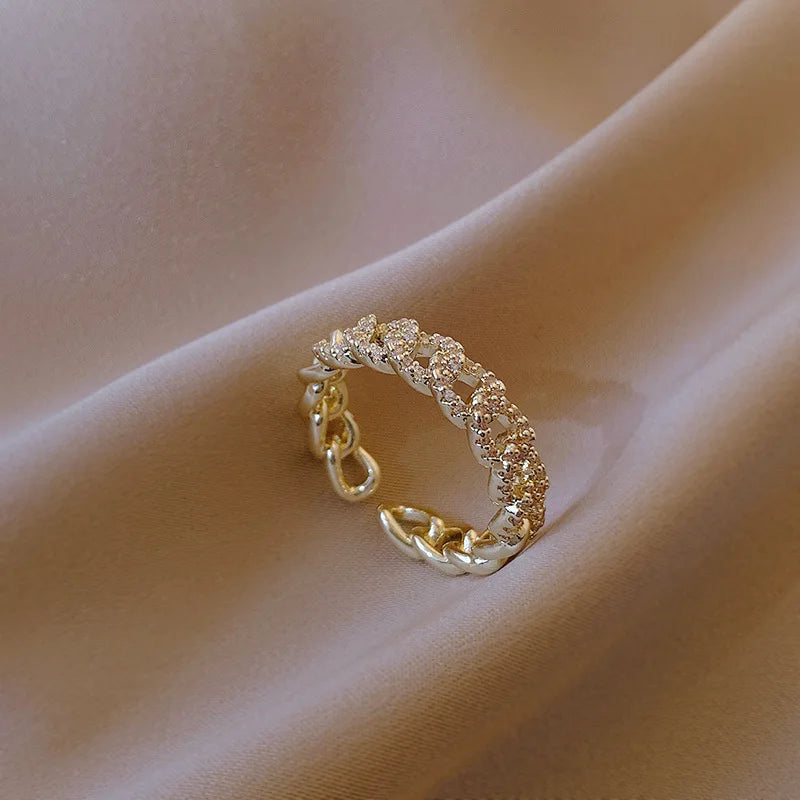 Simple Real 18K Gold Plated CZ Curb Chain Open Ring Adjustable Micro Cubic Zirconia Chain Link Ring