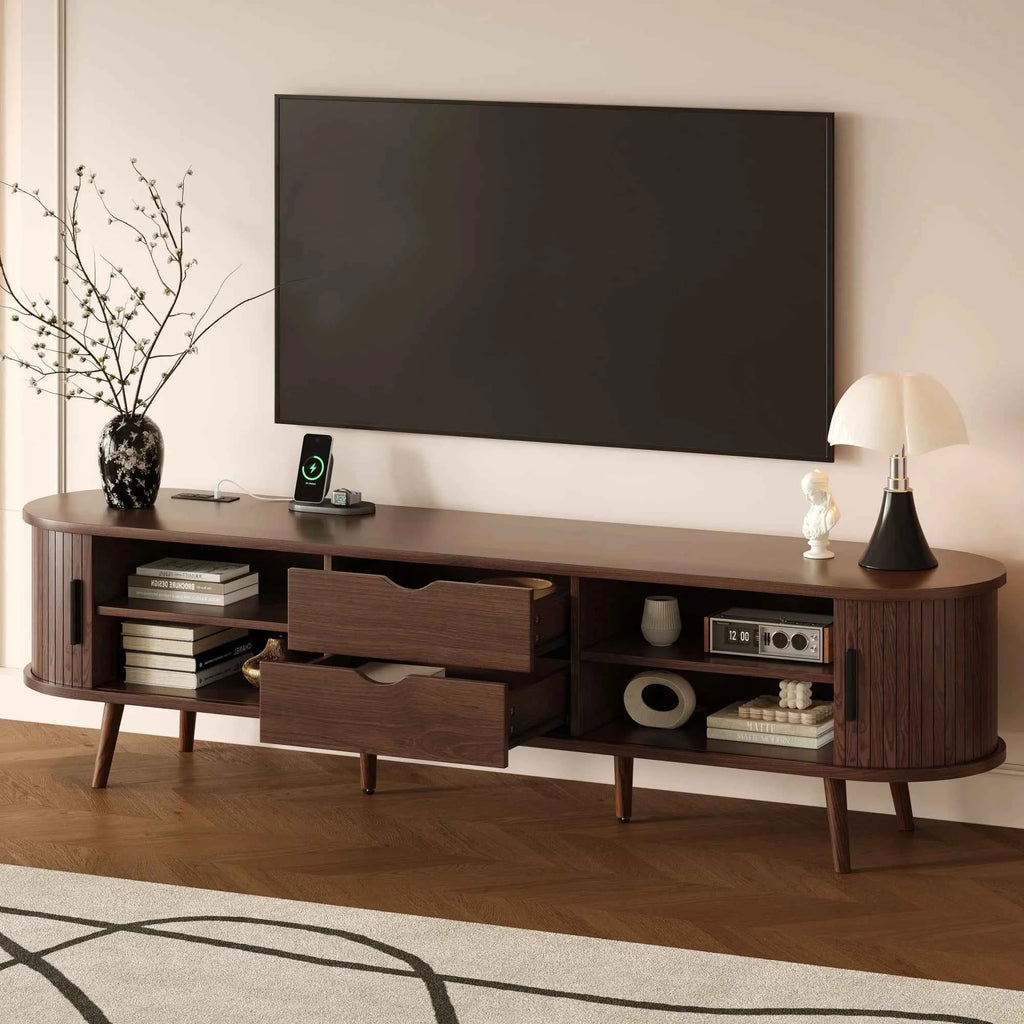 Mid Century Modern MDF TV Stand with Tambour Doors Drawers Power Outlet-Eco-Friendly Storage for 80 Inch TVs Living Room Bedroom