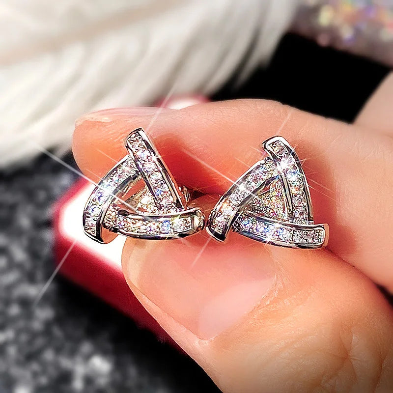 Oofl Lunneavn Wend White Gold Stud Earrings Geometric Crystal Rhinestone Minimalist Everyday Wear Rhodium Plated Unisex