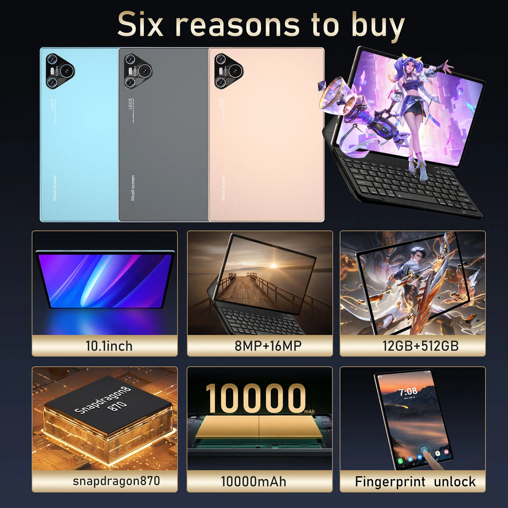10.1 Inch Dual Camera Tablet PC Large IPS Capacitive Touch Screen 12GB 512GB Android USB 5G WiFi MTK Processor for Entertainment