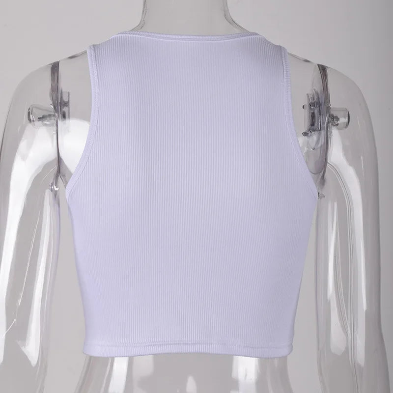 White Knitted Round Neck Women T-Shirt Sexy Sleeveless Camisole Crop Top Woman Tight Stretch Tank Top Ladies Tee Top Streetwear