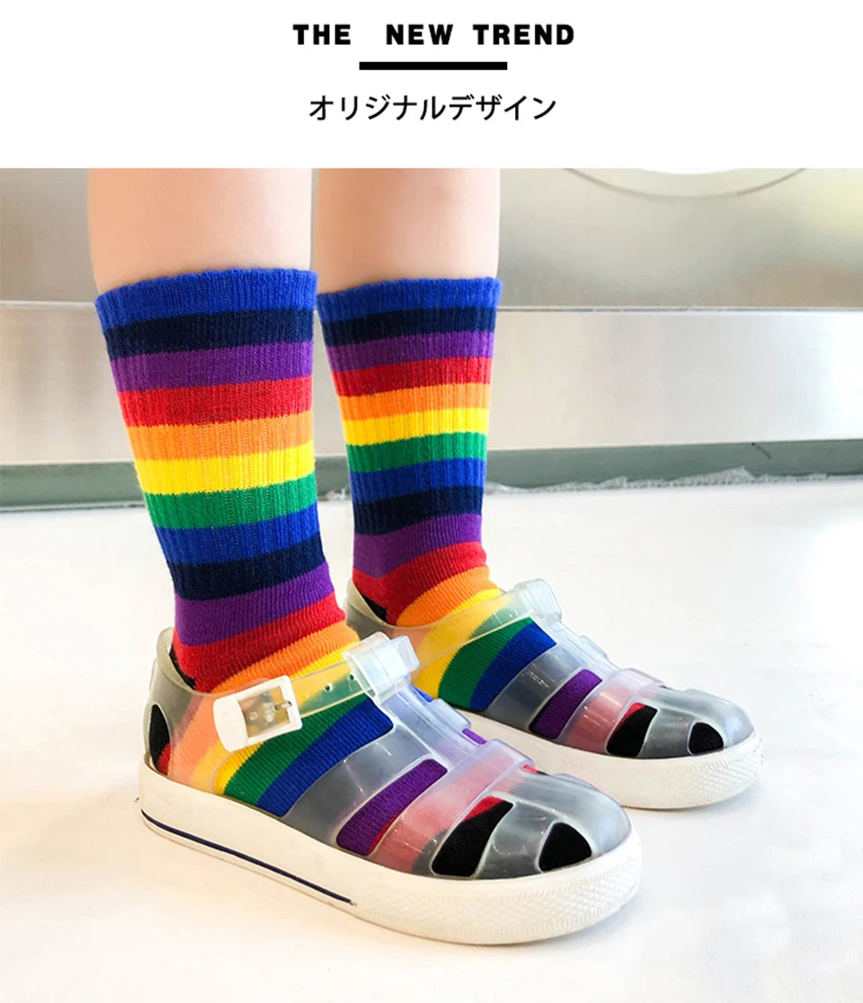 Kids Knee High Rainbow Socks Spring Summer Toddler Child Girls Boys Cotton White School Socks Stripe Long Sock Baby Accessories