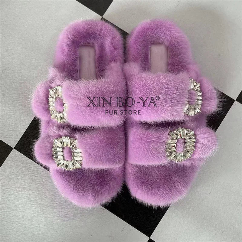 Wholesale Fur Slipper  Women Slides 2024 Women's Shoes Real Mink Fur Slipper  Flats Fashion Fur Slippers