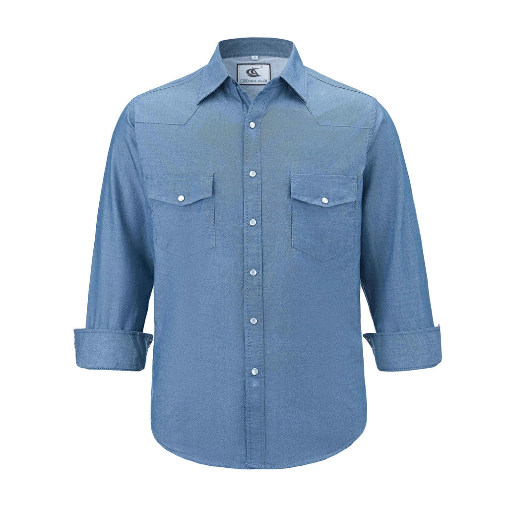 Mens Denim Western Cowboy Causal Pearl Snap Button up Long Sleeve Regular Fit Shirts
