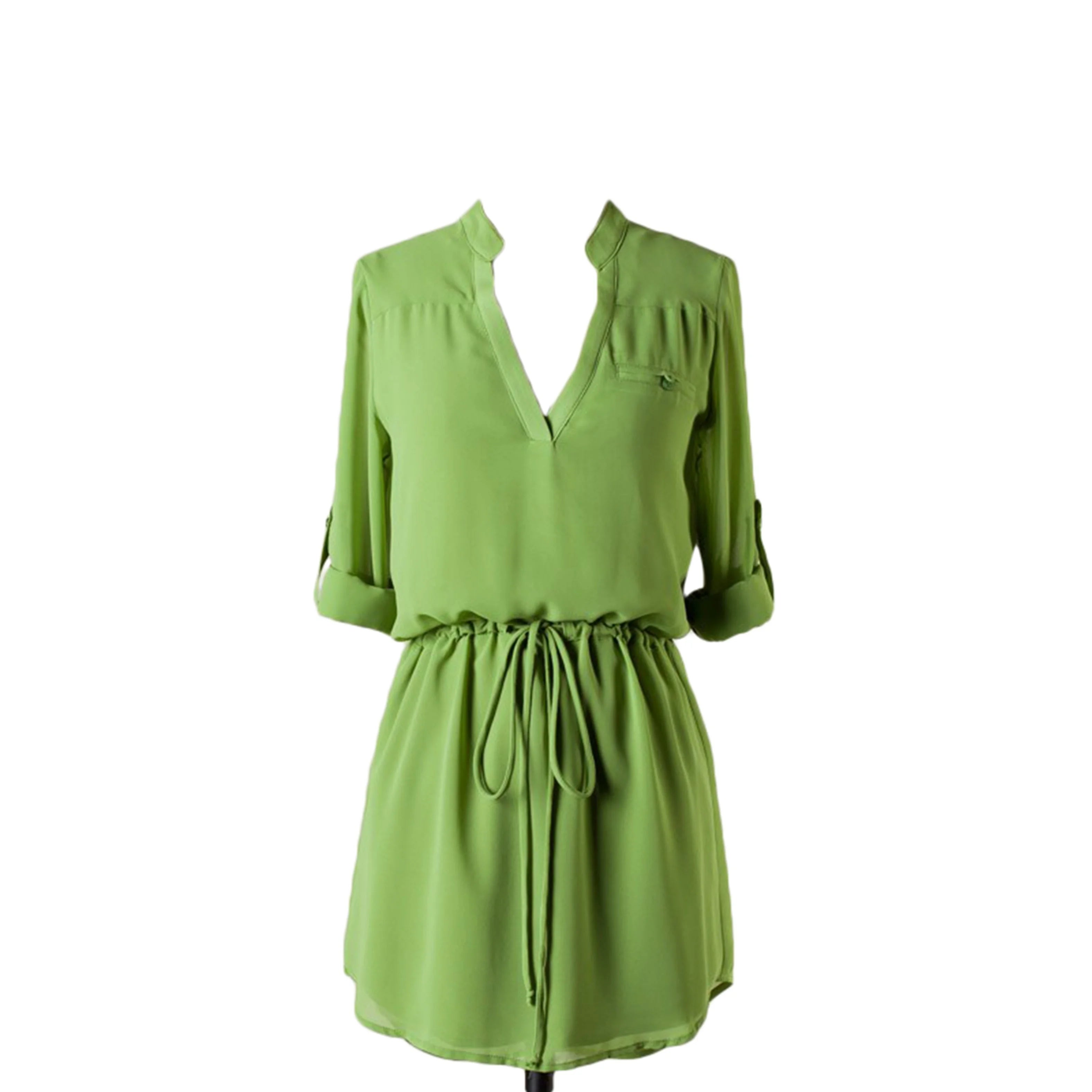 TD for Kelly Women's Green Quarter Sleeve V-Cut Dress Banded Waist Elegant Gothic Style Office Lady for Day Holidays XS