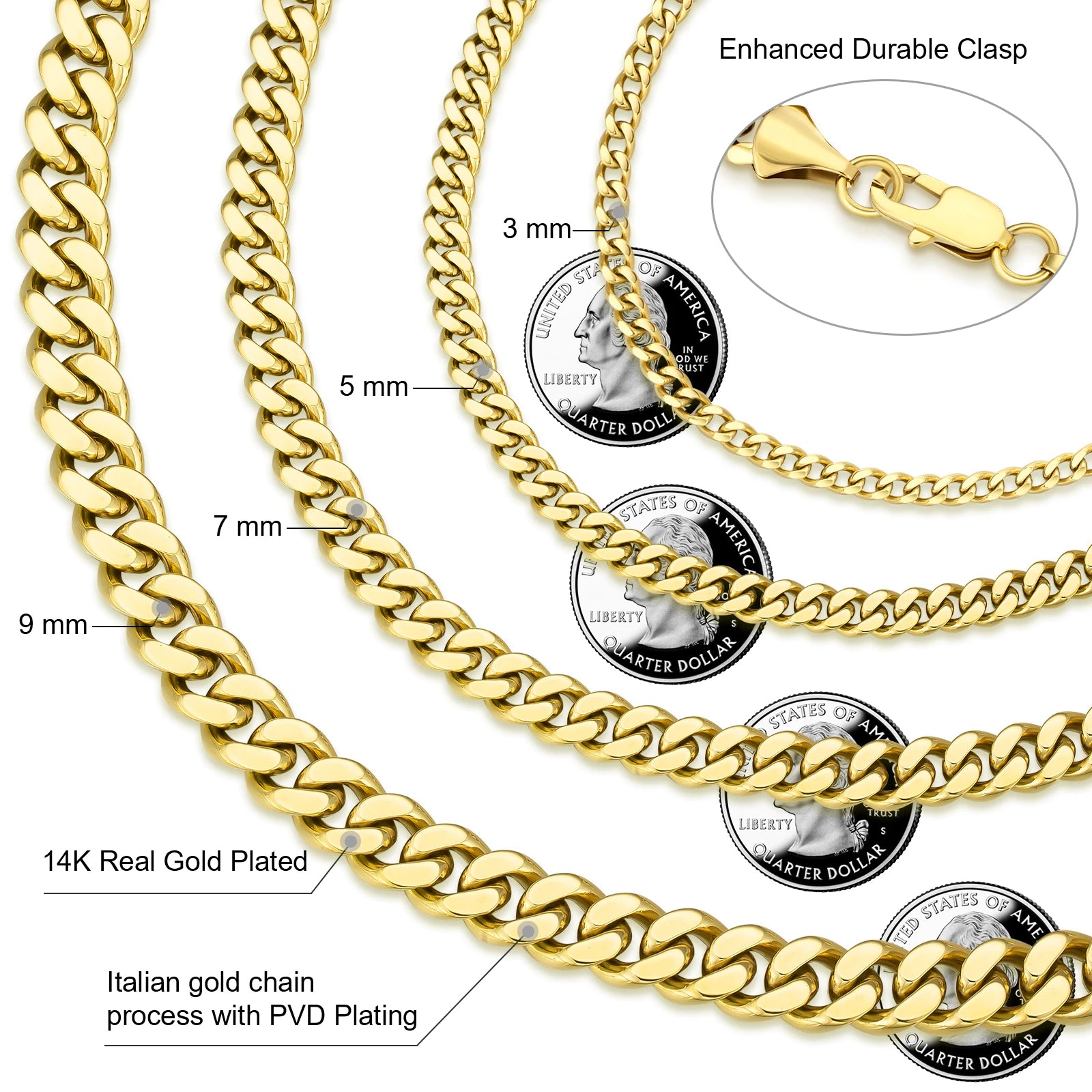 USA Free Shipping 14K Gold Plated Stainless Steel Bracelet 3mm Women Waterproof Jewelry Miami Cuban Link Chain Men Bracelet
