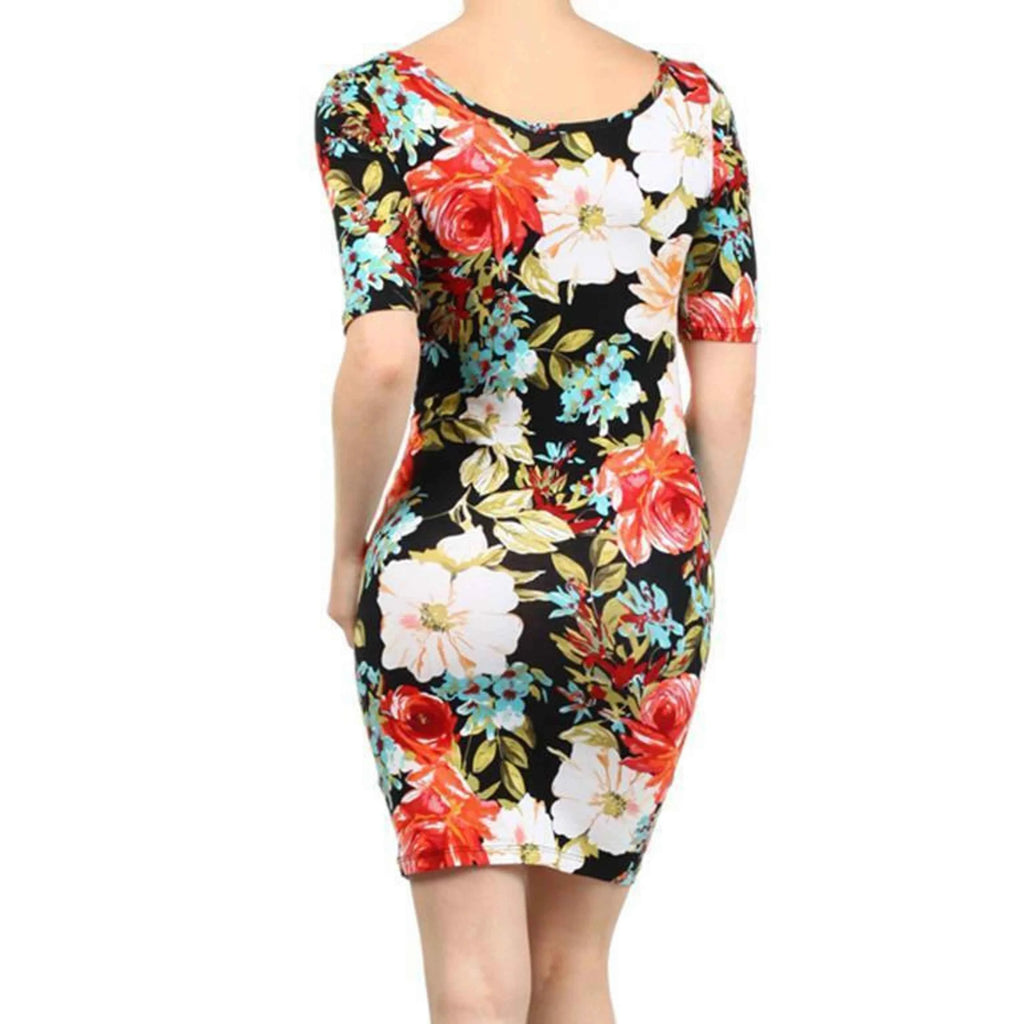 TD Floral Print Knit Scoop Neck Body-Con Dress 3/4 Sleeves Trendy Elegent Casual Day Clothes XS to XL Floor-Length ODM Supply