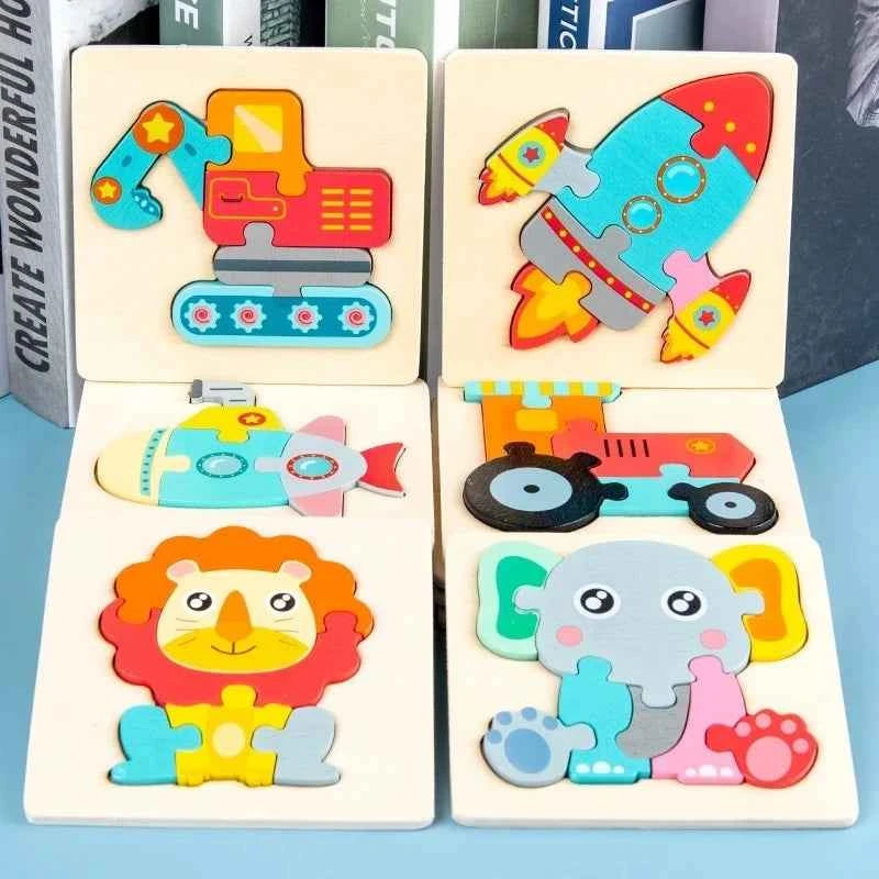 Montessori Toys 3D Puzzle Cartoon Animals Vehicle Cognitive Jigsaw Puzzle Wooden Toys for Children Baby Puzzle Game Gift